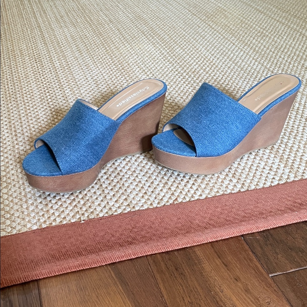 Cityclassified Denim Blue and Tan Wedge Sandals
